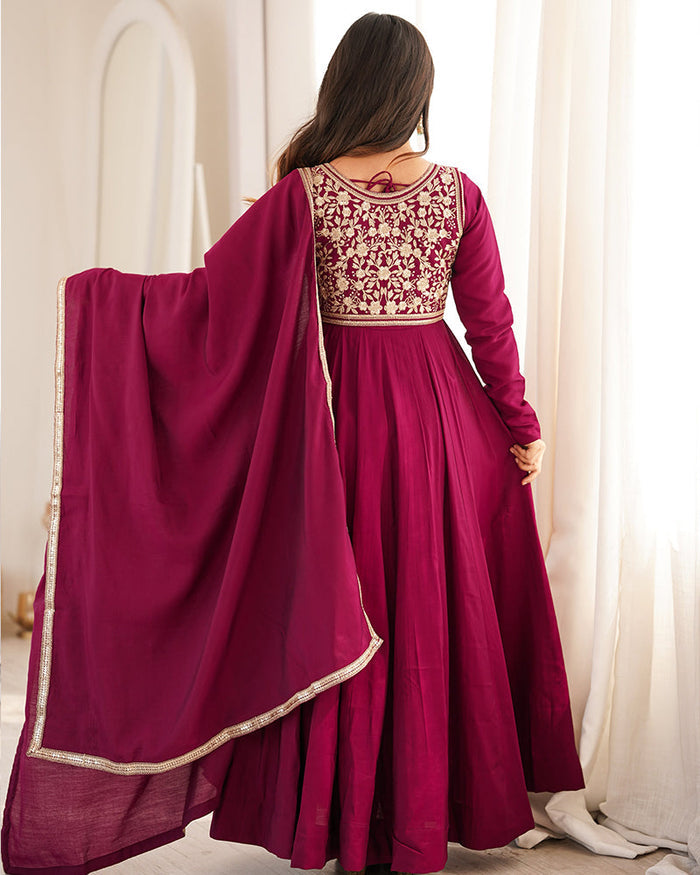 Rani PInk Color Roman Silk Three Piece Anarkali Suit