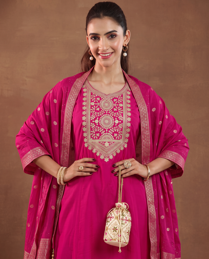 Rani Pink Embroidery Designer Kurta Set with Dupatta
