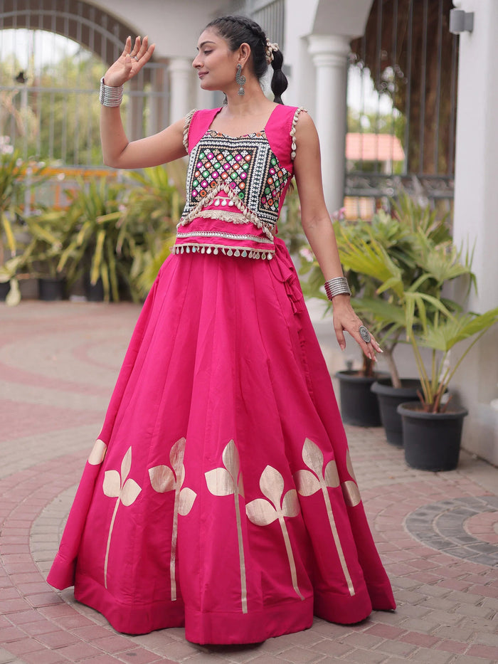 Rani Pink Kutchi Work Silk Navratri Wear Lehenga Choli