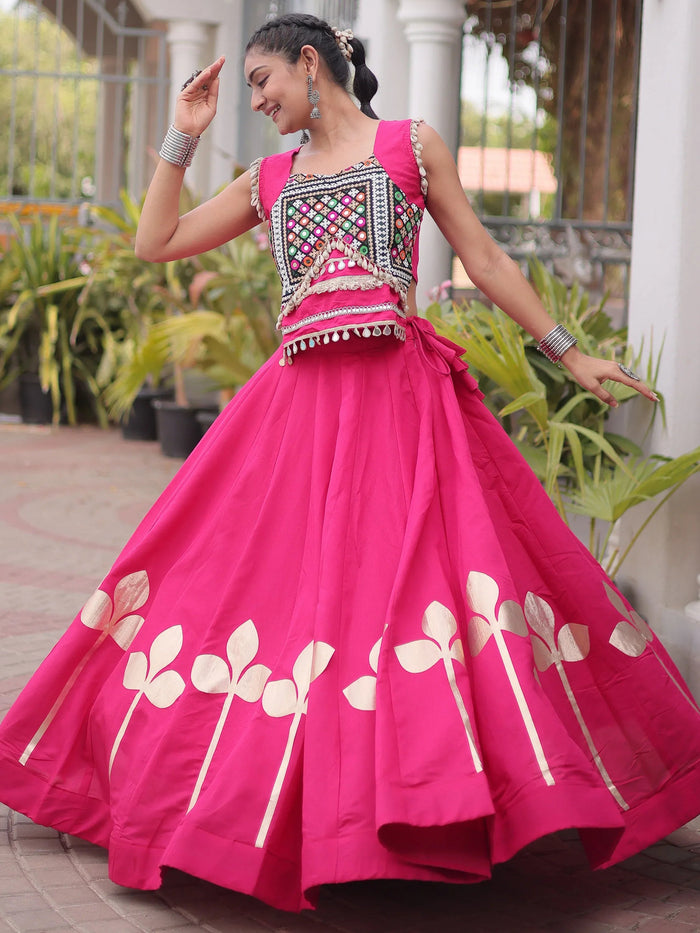 Rani Pink Kutchi Work Silk Navratri Wear Lehenga Choli