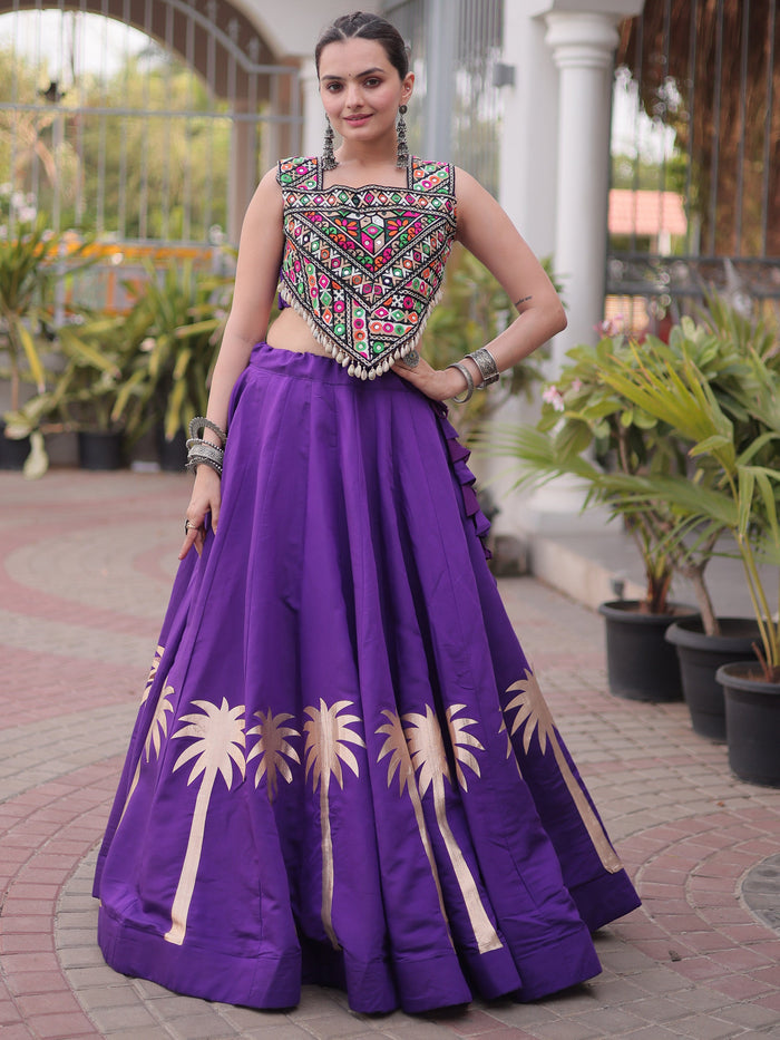 Ready To Wear Purple Roman Kutchi Embroidery Navratri Lehenga Choli