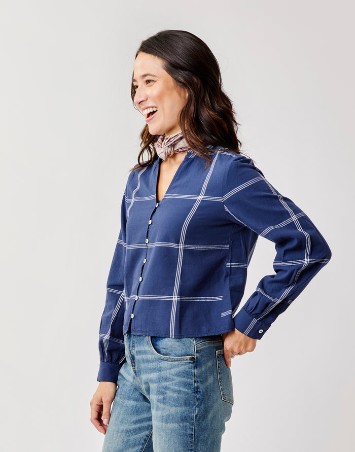 Reagan Twill Long Sleeve: Navy Windowpane - FINAL SALE