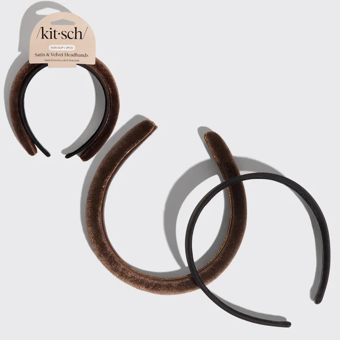 Recycled Fabric Satin & Velvet Headbands 2pc Set - Black & Chocolate