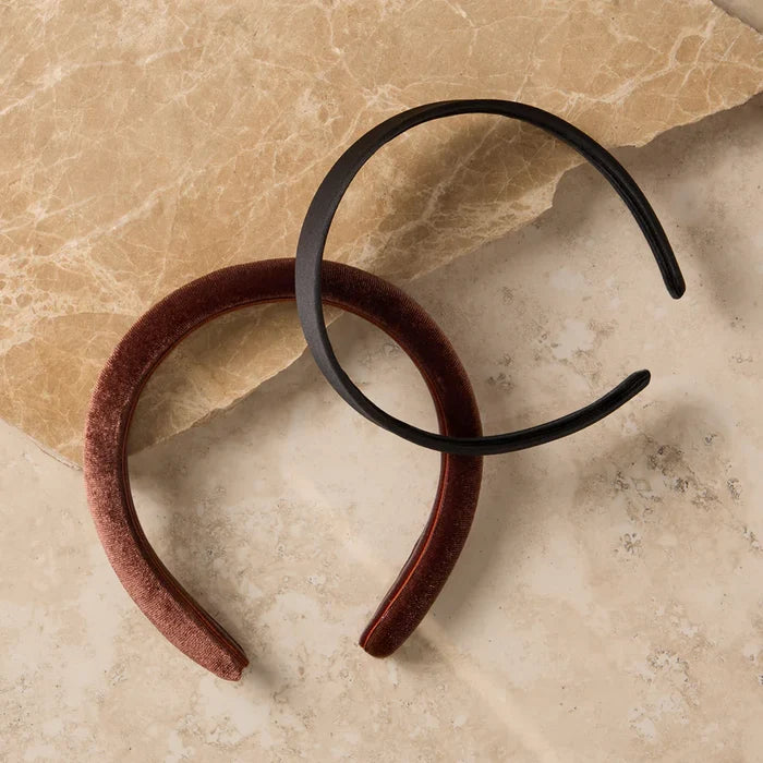 Recycled Fabric Satin & Velvet Headbands 2pc Set - Black & Chocolate