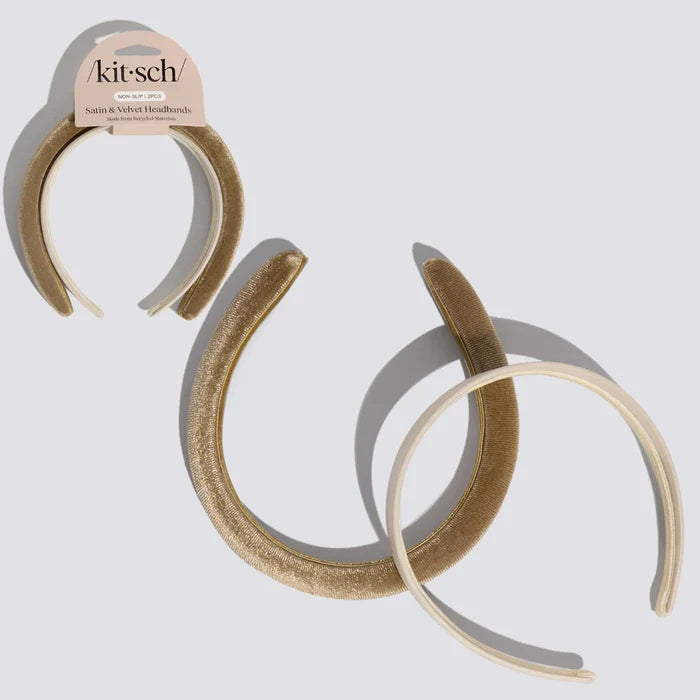 Recycled Fabric Satin & Velvet Headbands 2pc Set - Cream & Camel