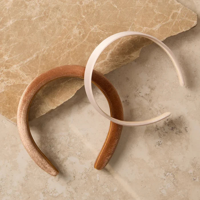 Recycled Fabric Satin & Velvet Headbands 2pc Set - Cream & Camel