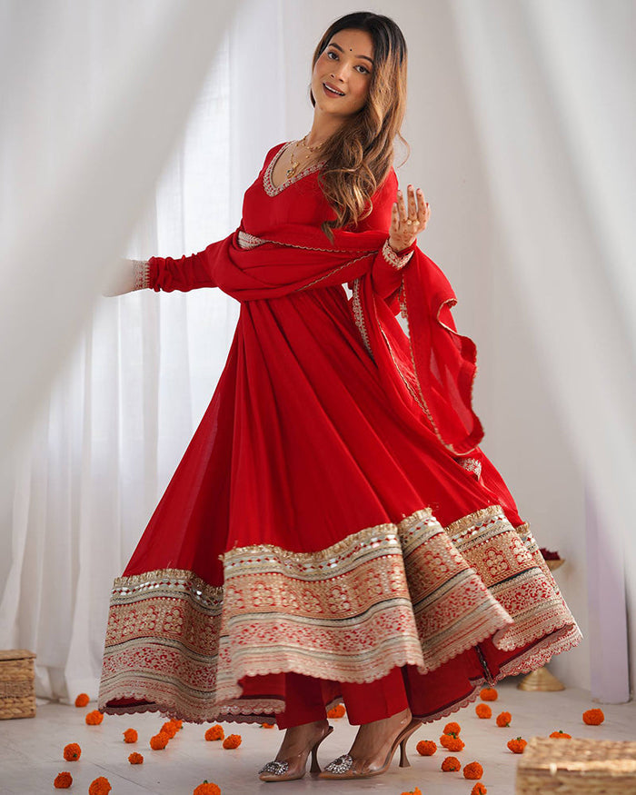 Red Color Blooming Vichitra Silk Anarkali Suit