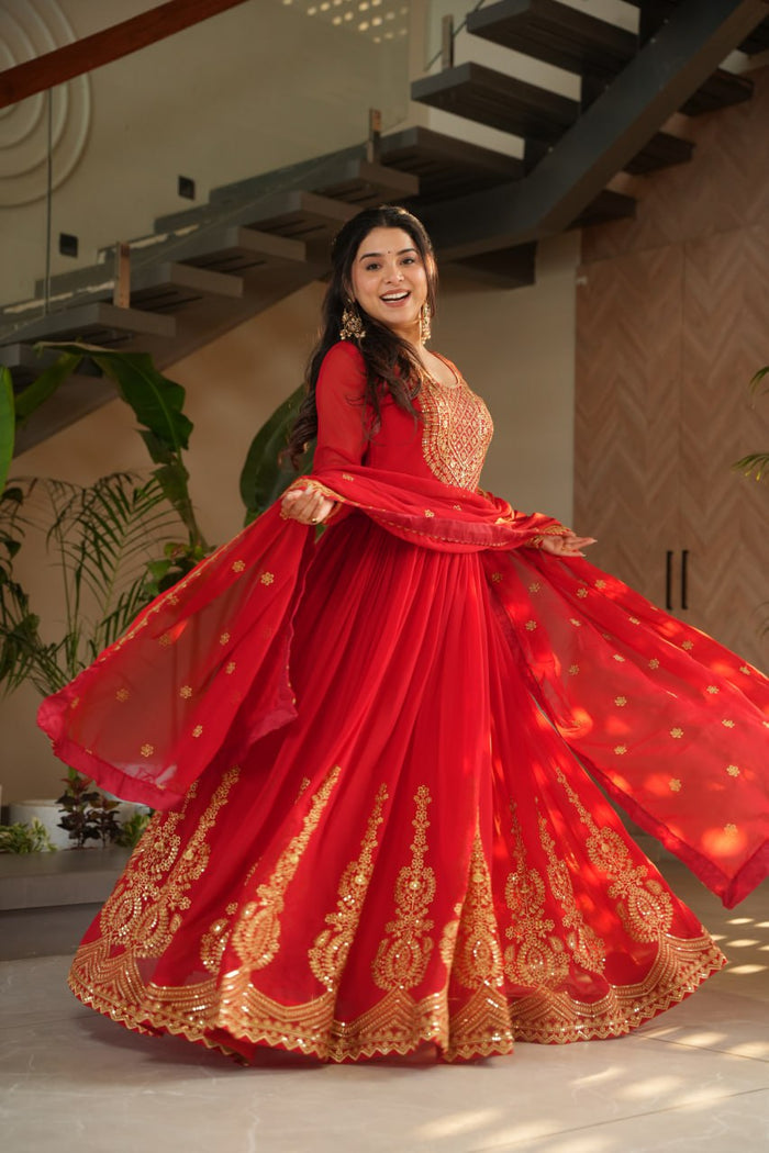 Red Color Faux Blooming Embroidered Gown