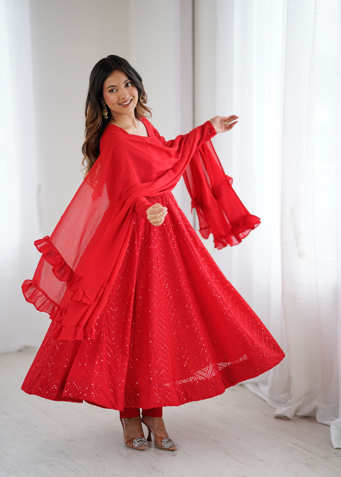 Red Color Georgette Lucknowi Three Piece Anarkali Suit