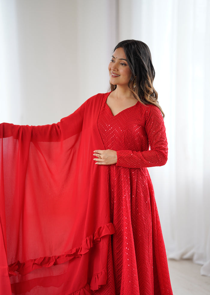 Red Color Georgette Lucknowi Three Piece Anarkali Suit