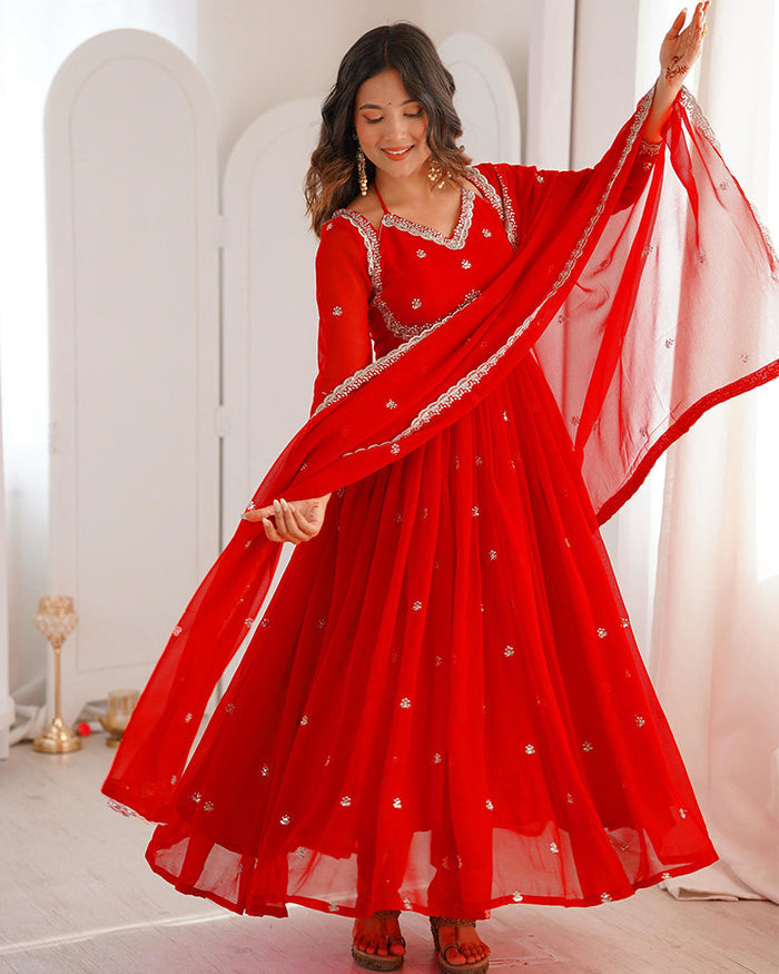 Red Color Georgette Sequence Embroidered Anarkali Suit