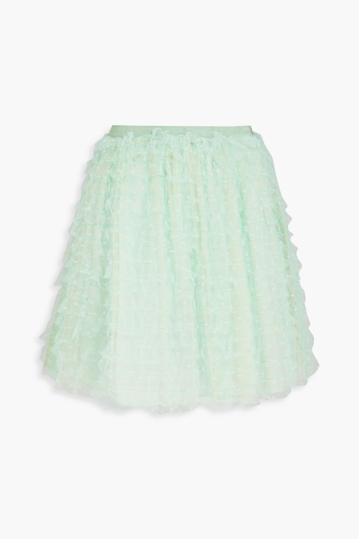 Red Valentino Green Point D’esprit Tulle Ruffle Lace Mini Skirt