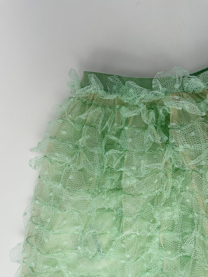 Red Valentino Green Point D’esprit Tulle Ruffle Lace Mini Skirt