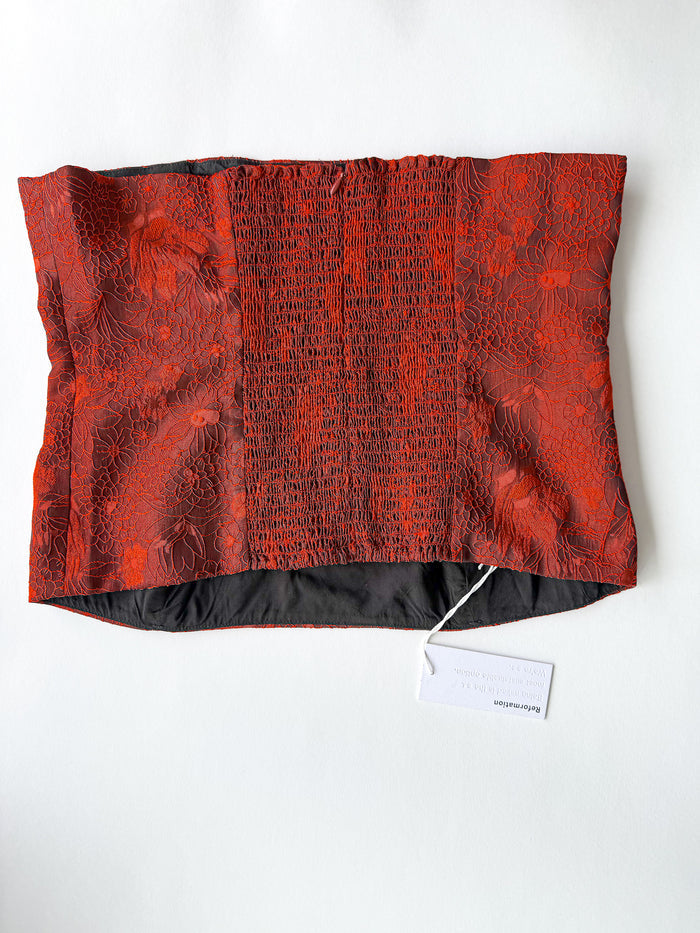 Reformation Giorgia Red Floral Jacquard Strapless Top