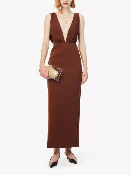 Reformation x Laura Harrier Velda Plunge Neck Brown Dress