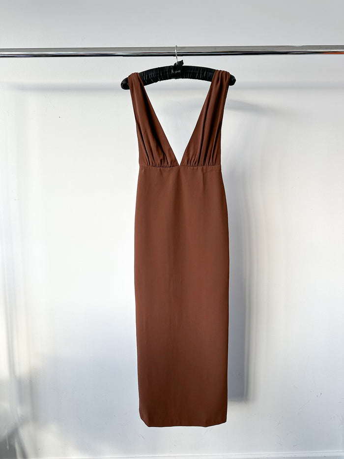 Reformation x Laura Harrier Velda Plunge Neck Brown Dress