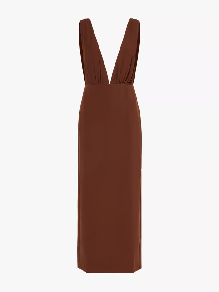 Reformation x Laura Harrier Velda Plunge Neck Brown Dress