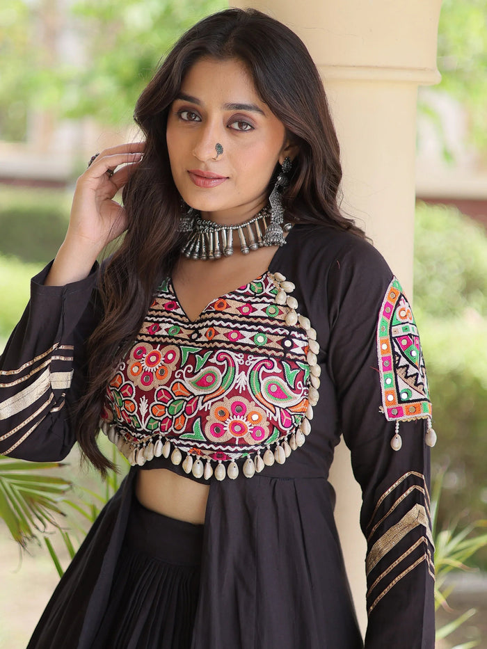 Remarkable Black Gamthi Work Cotton Navratri Wear Lehenga With Shrug