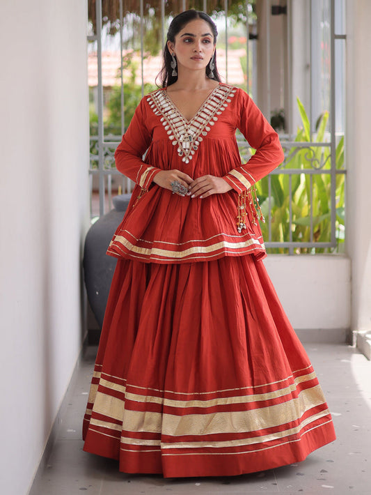 Rich Rust Orange Gota-Laced Festive Wear Lehenga With Peplum Top