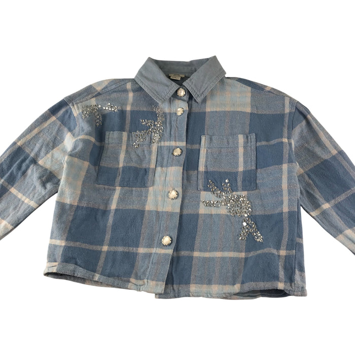 River Island shirt 7-8 years blue checked with gems cropped buttoned cotton shirt