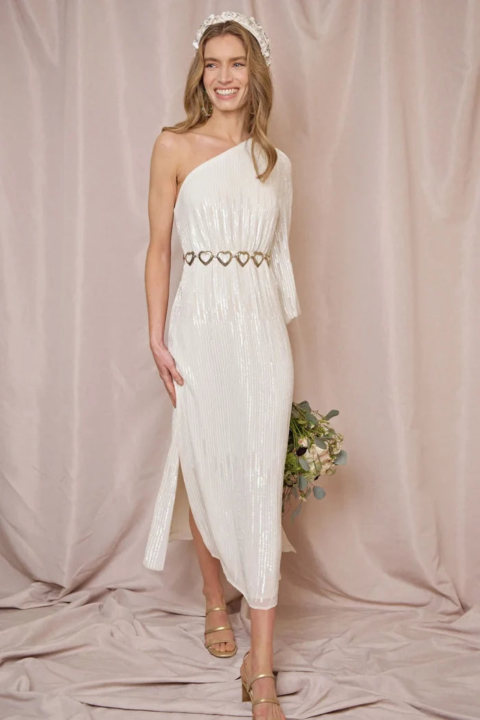 Rixo Bridal White Bradshaw Sequinned Midi Wedding Dress
