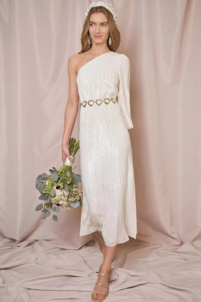 Rixo Bridal White Bradshaw Sequinned Midi Wedding Dress