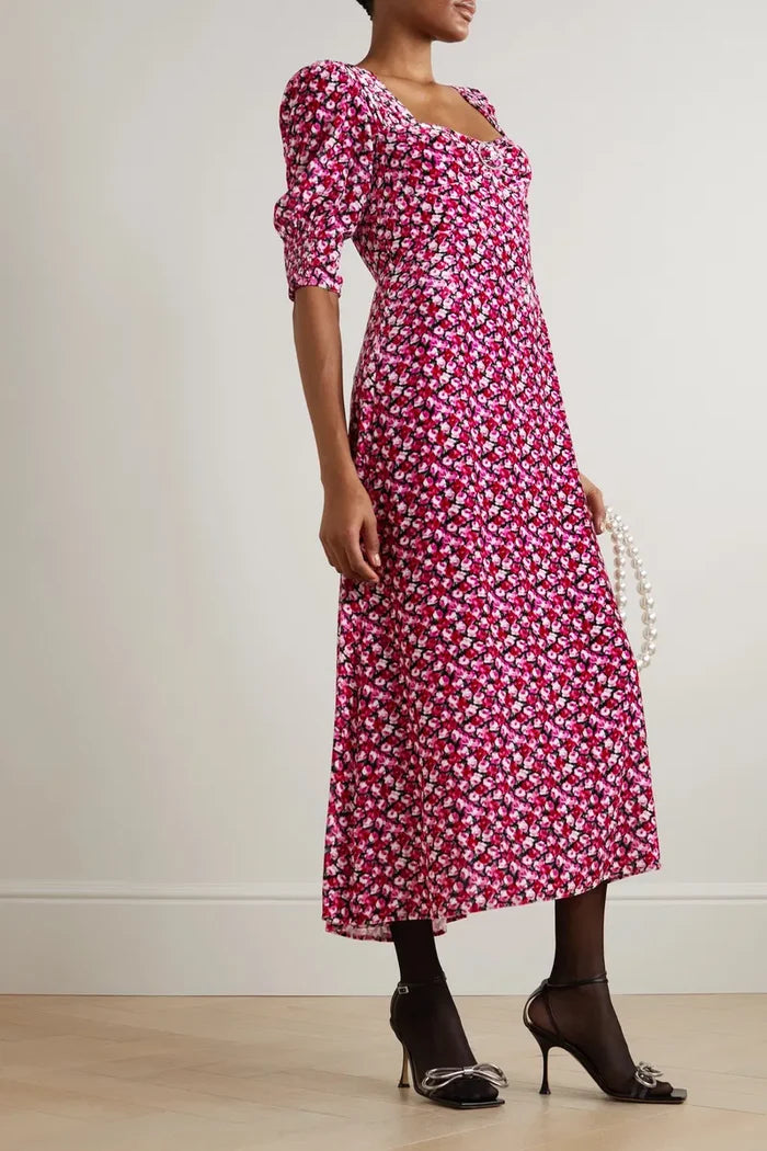 Rixo Karen Velvet Floral Print Crystal Detail Midi Dress