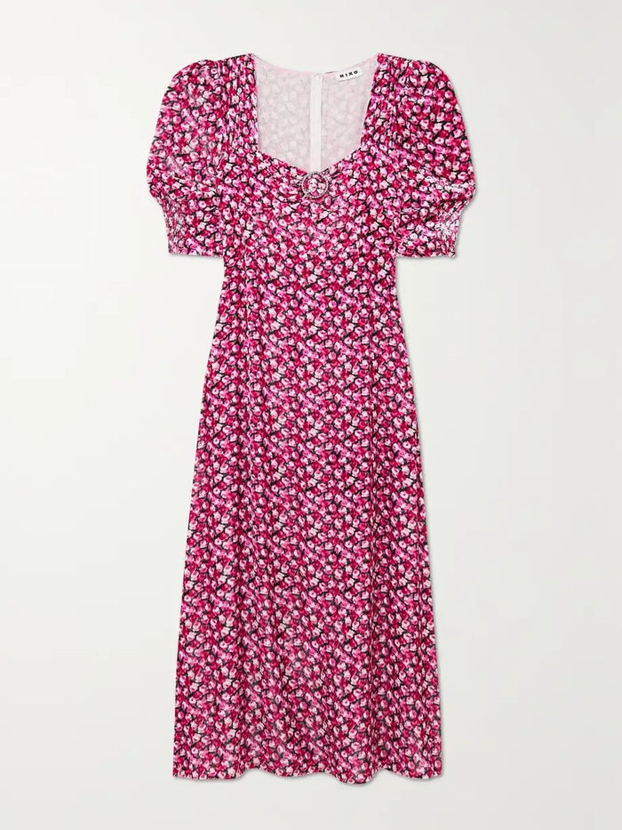Rixo Karen Velvet Floral Print Crystal Detail Midi Dress