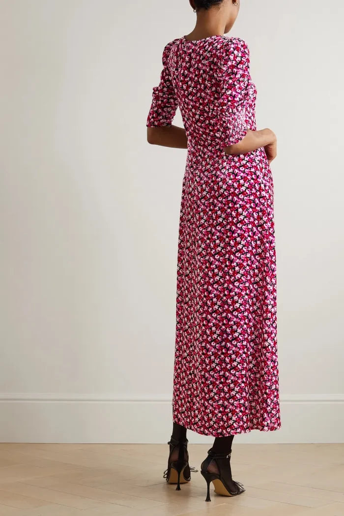 Rixo Karen Velvet Floral Print Crystal Detail Midi Dress