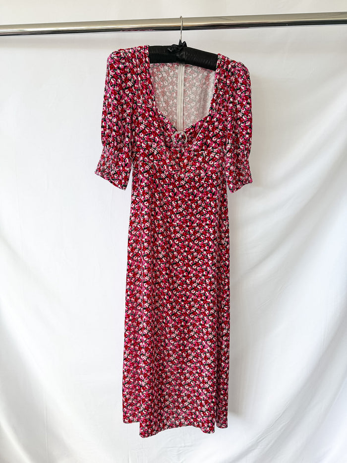Rixo Karen Velvet Floral Print Crystal Detail Midi Dress