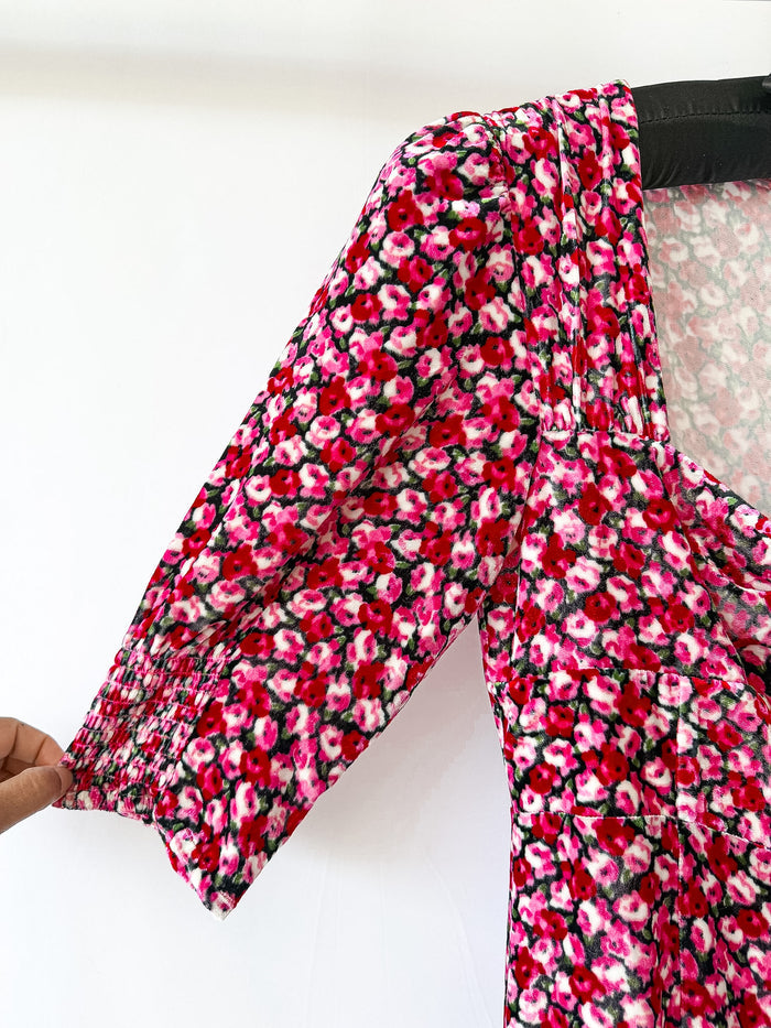 Rixo Karen Velvet Floral Print Crystal Detail Midi Dress