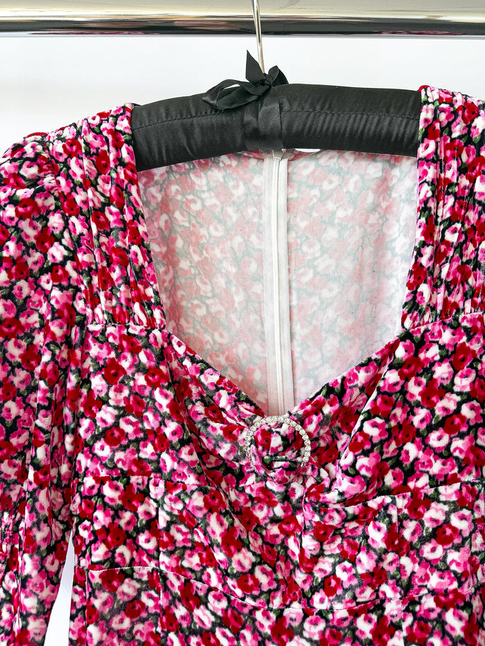 Rixo Karen Velvet Floral Print Crystal Detail Midi Dress