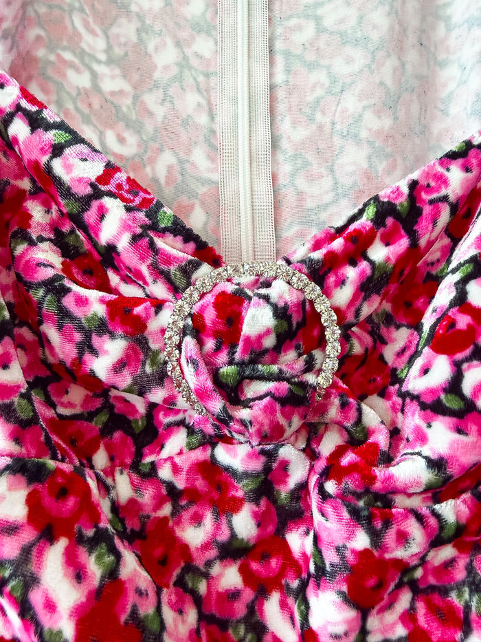 Rixo Karen Velvet Floral Print Crystal Detail Midi Dress