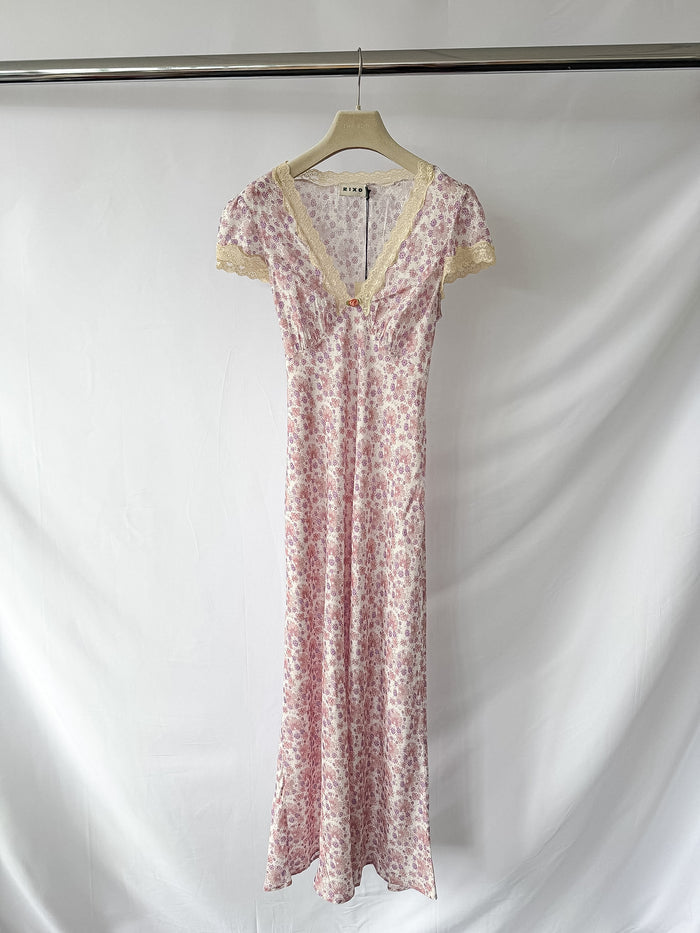 Rixo London Clarice Rose Detail Daisies Print Lilac Midi Dress