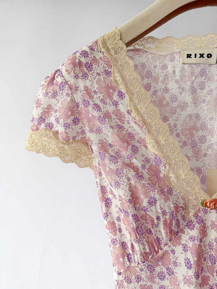 Rixo London Clarice Rose Detail Daisies Print Lilac Midi Dress