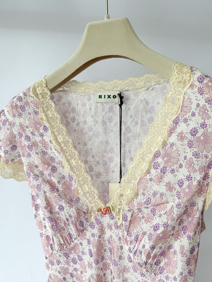 Rixo London Clarice Rose Detail Daisies Print Lilac Midi Dress