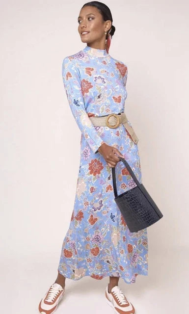Rixo London Elise Blue Floral Peony Print High Neck Dress