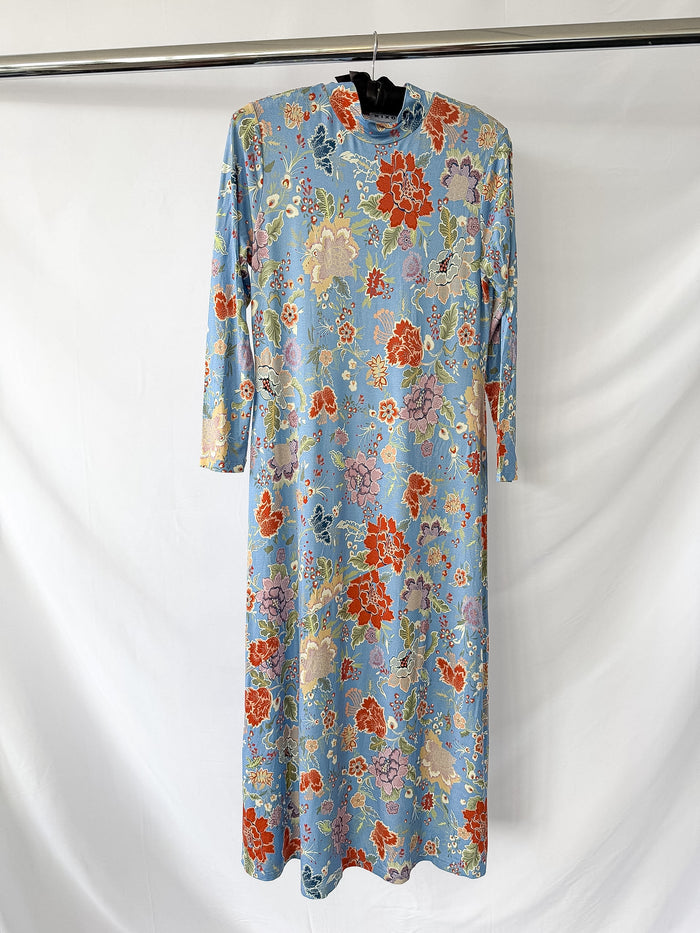 Rixo London Elise Blue Floral Peony Print High Neck Dress