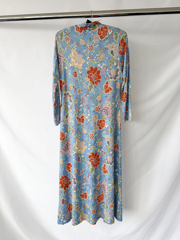 Rixo London Elise Blue Floral Peony Print High Neck Dress