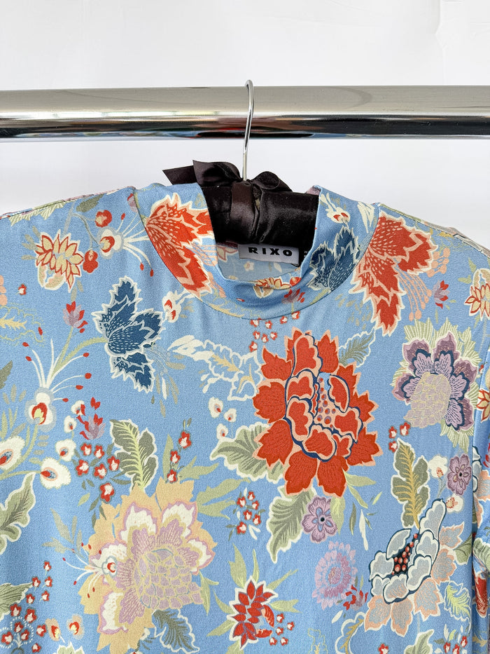 Rixo London Elise Blue Floral Peony Print High Neck Dress