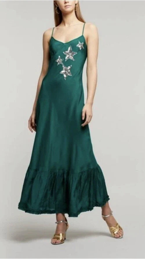 Rixo London Odelia Green Sequin Star Silk Slip Dress
