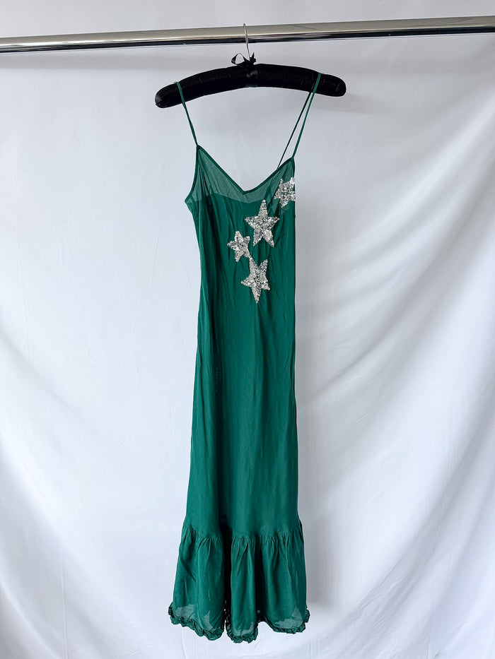 Rixo London Odelia Green Sequin Star Silk Slip Dress