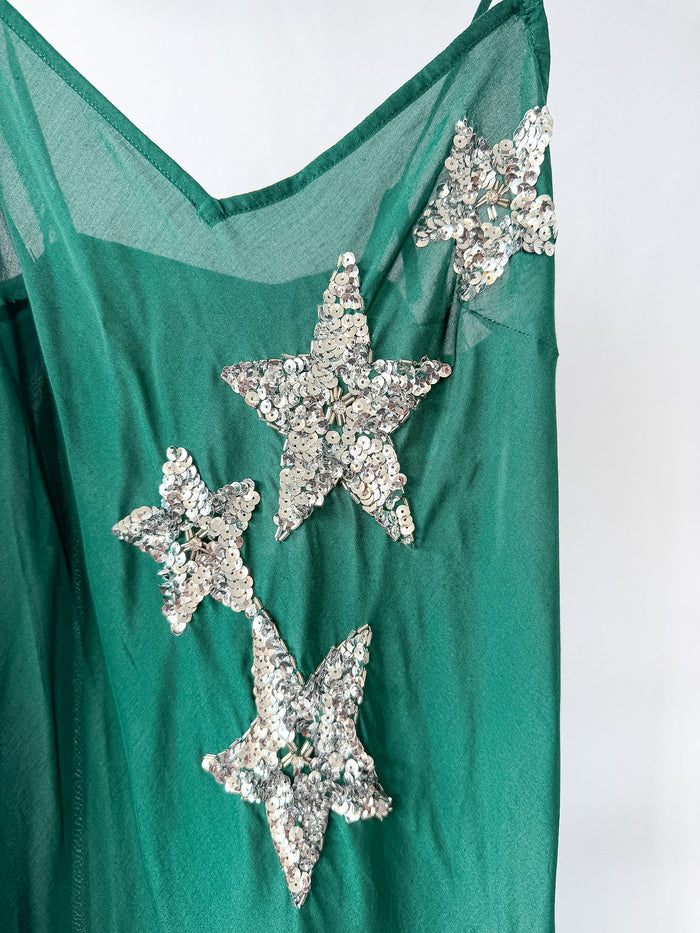 Rixo London Odelia Green Sequin Star Silk Slip Dress
