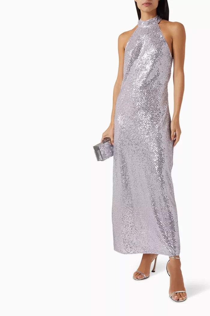 Rixo London Purple Zuri Sequined Halterneck Maxi Dress