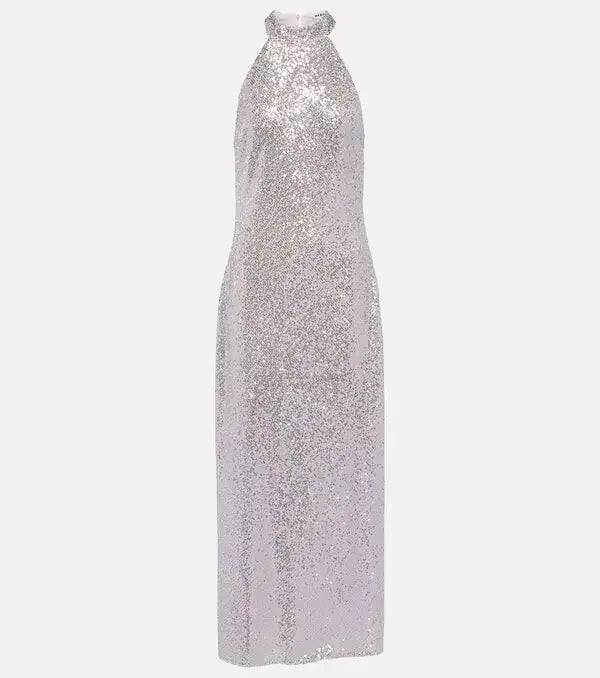 Rixo London Purple Zuri Sequined Halterneck Maxi Dress