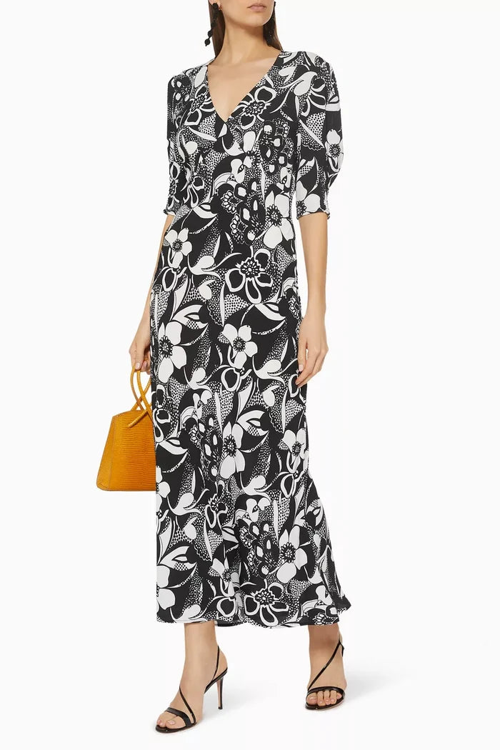 Rixo London Zadie Floral Monochrome Swirl Dress