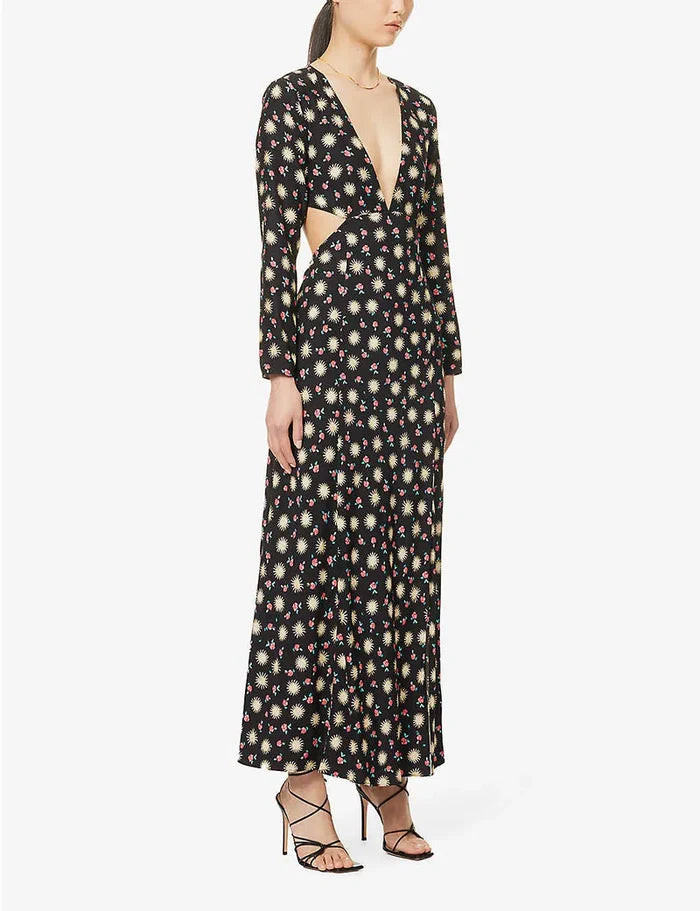 Rixo London Zora Celestial Sun Floral Print Cut Out Woven Midi Dress (Plus Size)