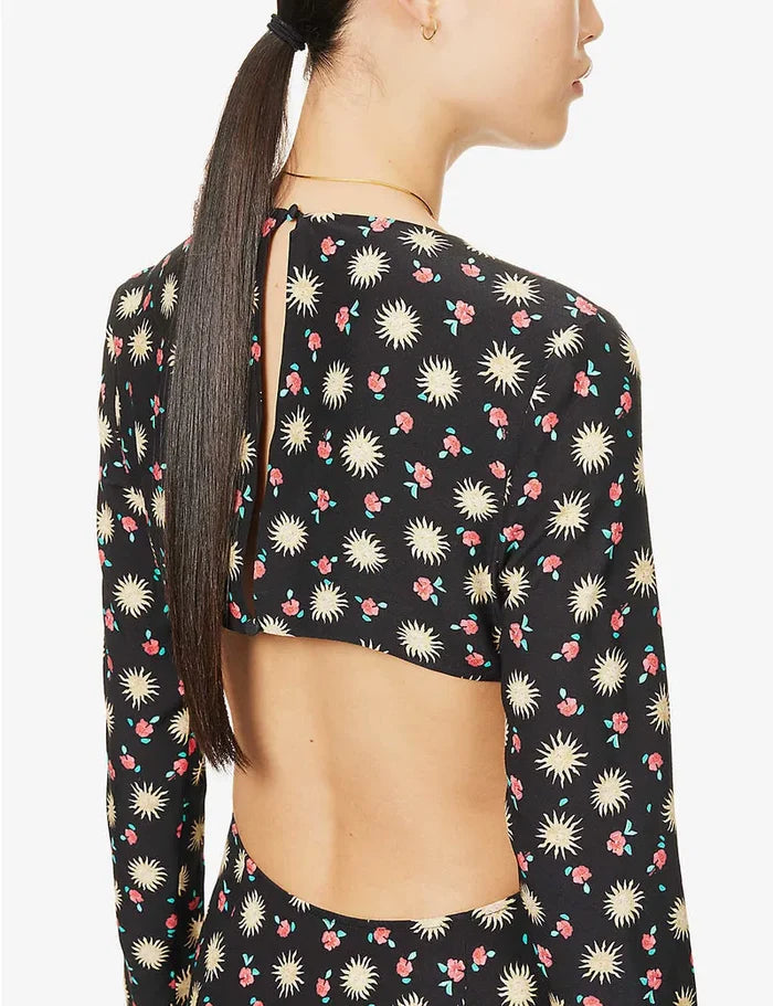 Rixo London Zora Celestial Sun Floral Print Cut Out Woven Midi Dress (Plus Size)