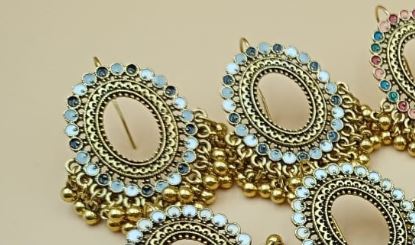 Round dish shaped earrings with golden bells - NATASHAHS