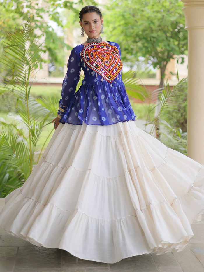 Royal Blue Cotton Navratri Wear Lehenga With Patch Work Peplum Top